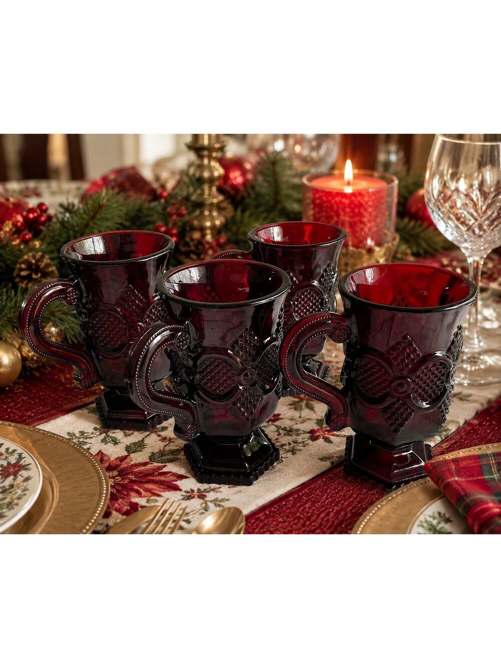 Avon 1876 Cape Cod Ruby Red Vintage Pressed Glass Coffee Mugs-Set of 4